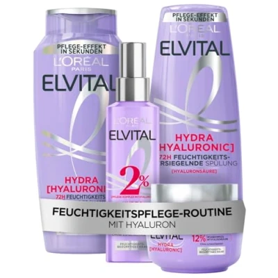 Abbildung von L&#039;Oréal Paris Elvital Hydra Hyaluronic feuchtigkeitsspendendes Set Für glänzendes Haar, einen Feuchtigkeitsboost und langanhaltende Pflege, Shampoo 300ml, Spülung 250ml, Serum 150ml, Maske 300ml