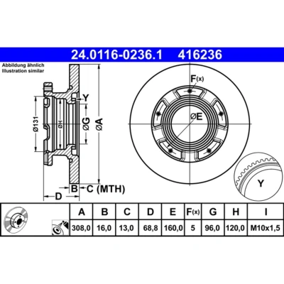 Abbildung von ATE 24.0116 0236.1 Bremsscheibe 308,0 16,0 5 160,0 voll beschichtet mit ABS Sensorring FORD: Transit V363 Kastenwagen, Custom V362 Bus