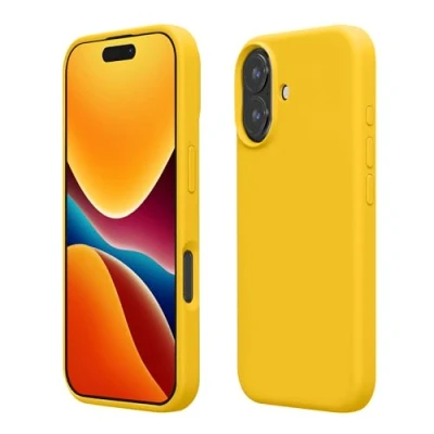 Abbildung von kwmobile Hülle kompatibel mit iPhone 16 Plus Silikon Handy Case Handyhülle weiche Oberfläche kabelloses Laden Strahlend Gelb