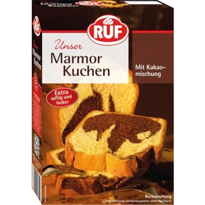 Abbildung von RUF Marmorkuchen, Backmischung für einen Kuchen mit Marmormuster, hellerTeig Kakaomischung, extra saftig und locker, vegane Variante möglich