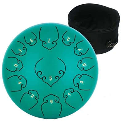 Abbildung von Amkoskr Stahlzungentrommel, 12 Zoll 30 cm Steel Tongue Drum, C Dur 13 Noten, Handtrommel HandPan Drum mit Drumsticks/Tragetasche(Grün)