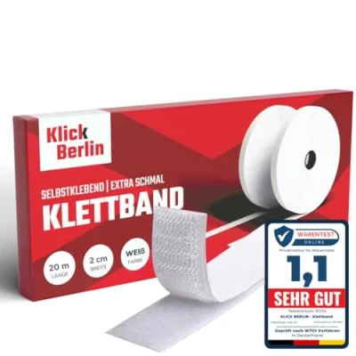 Abbildung von Klick Berlin Klettband Selbstklebend Schmal und Extra lang 2 cm x 20 m Klett Klebeband klebt auf vielen Flächen Klettverschluss mm breit, Meter Weiß
