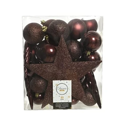Abbildung von Kaemingk Weihnachtskugeln Kunststoff 5 8cm mit Christbaumspitze Stern 33er Set bruchsicher braun Dunkelbraun