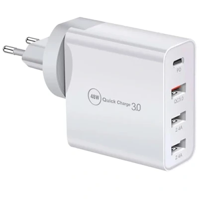 Abbildung von 48W USB C Ladegerät, Schnellladegerät 4 Ports Quick Charger PD 3.0 Mehrfach kompatibel mit iPhone 15/14/13/12,Se, İpad, Samsung Galaxy, Huawei, Xiaomi, Power Adapter, A und Type Netzeil
