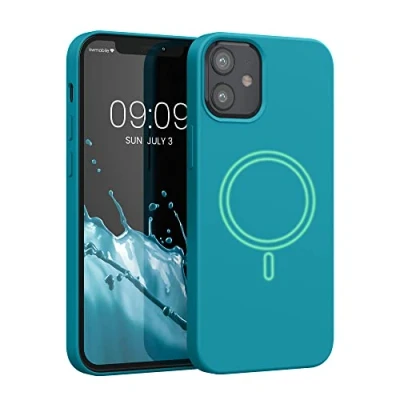 Abbildung von kwmobile Hülle kompatibel mit Apple iPhone 12 Mini magnetisches Silikon Case MagSafe Cover gummiert Petrol matt