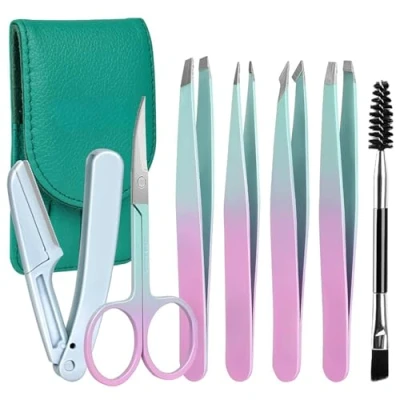 Abbildung von Pinzette Set Edelstahl (7 Stück), Präzisions Pinzetten Edelstahl, Augenbrauen mit Schere, Rasiermesser, Spiegel Für Eingewachsene Haare, Damengeschenke, Grün