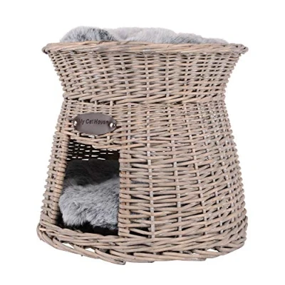 Abbildung von Katzenkörbchen als Katzenturm aus Rattan in Grau mit weichem Kissen
