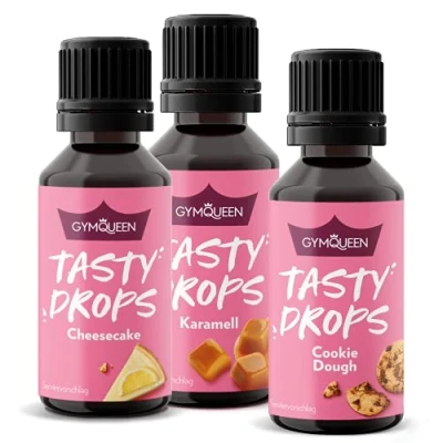 Abbildung von GymQueen Tasty Drops, 3x30ml, Cookie Dough, Käsekuchen, Karamell, Flavour Drops ohne Kalorien