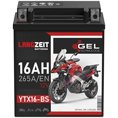 Abbildung von LANGZEIT YTX16 BS Gel Motorradbatterie 12V 16Ah 265A/EN Batterie 51422 4 YTX16BS ETX16 auslaufsicher wartungsfrei ersetzt 14Ah