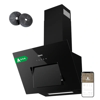 Abbildung von CIARRA CBCB6736M A+++ Dunstabzugshaube 60 cm Umluft Wi Fi App Touch Bedienung Glasplatte öffnet automatisch Kopffreie Schräghaube Abzugshaube 650 m3/h 4 Stufen Booster Abluft CBCF003 Kohlefilter