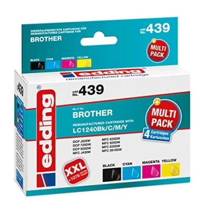 Abbildung von edding Druckerpatrone EDD 439 Multipack 4 Schwarz, Cyan, Magenta, Gelb 1x 16 ml + 3x 8 Reichweite 740 885 Seiten Ersetzt Brother LC1240BK/C/M/Y