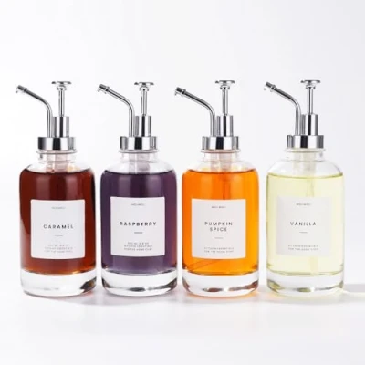 Abbildung von MoliMoli Kaffeesirupspender für Kaffeebar, Kaffeepumpspender, Glas Sirupflasche mit Pumpe, Ahorn /Kaffeesirupflaschen, Sirupspender 4er Set, Etiketten, Silber