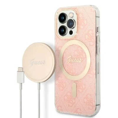 Abbildung von Guess Bündeln GUBPP13XH4EACSP Hülle und Ladegerät iPhone 13 Pro Max rosa Hard case 4G Print