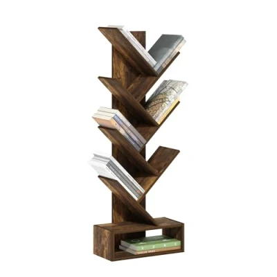 Abbildung von Furinno Tree Bücherregal 7 stufiges bodenstehendes Baumbücherregal mit unterem Regal, Bernsteinkiefer