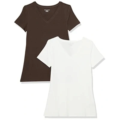 Abbildung von Amazon Essentials Damen Kurzärmeliges T Shirt mit V Ausschnitt, Klassischer Schnitt, 2er Pack, Espresso/Weiß, M