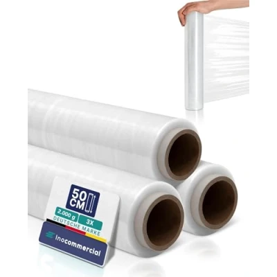 Abbildung von Inoverse 3 Rollen Stretchfolie Transparent Wickelfolie 50cm/2kg, Folie Für Möbel &amp; Umzug, Palettenfolie, Handstretchfolie, Verpackungsfolie auf Rolle, Strechfolienrolle, Verpackungsmaterial