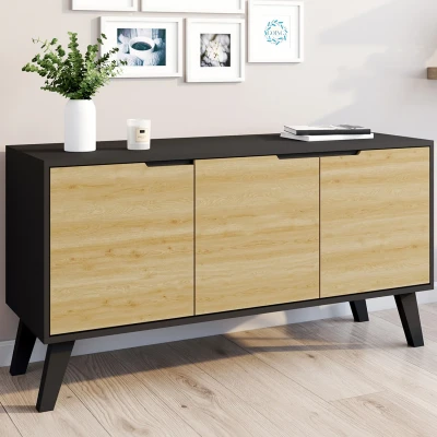 Abbildung von Skandinavisches Lowboard 113 cm FINN schwarz 3 Türen in Buchenholzoptik IDMarket