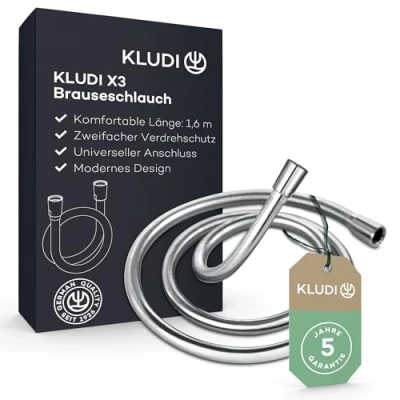 Abbildung von KLUDI X3 Universal Duschschlauch 1,60 m aus reinigungsfreundlichem Kunststoff, flexibler Brauseschlauch mit doppeltem Verdrehschutz, knickfest, Standard Anschluss, Chrom