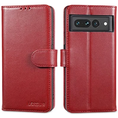 Abbildung von LENSUN Echtleder Hülle für Google Pixel 7 Pro, Handyhülle [Echtes Leder] [Kartenfach] [RFID Schutz] Handytasche Klappbar Lederhülle Pro 5G Weinrot