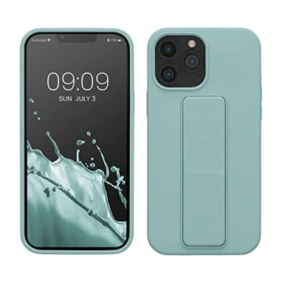Abbildung von kwmobile Handyhülle kompatibel mit Apple iPhone 13 Pro Max Hülle Fingerhalter und Standfunktion Silikon Case Handy Cover in Mintgrün