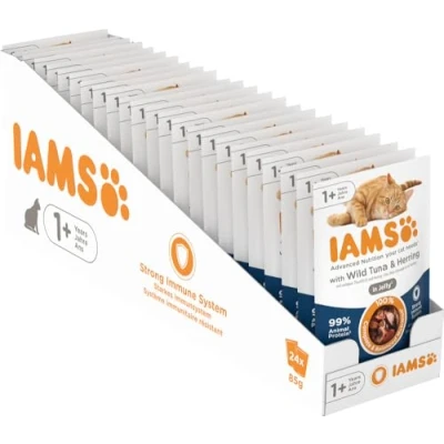 Abbildung von IAMS Delights Katzenfutter Nass mit Thunfisch &amp; Hering in Gelee Multipack für erwachsene Katzen, 24 x 85g
