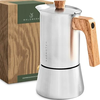 Abbildung von Waldwerk Espressokocher (300ml) Induktion für alle Herdarten geeignet, 0,3l Kaffeekanne, Mokkakanne aus Edelstahl mit Holzgriff echtem Eichenholz