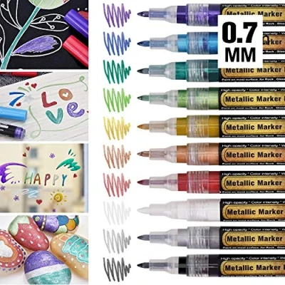 Abbildung von Metallic Marker Stifte mit Dünner Spitze, 0,7mm Permanent Superfein Metallischen Stift, 10 Farben Pens für Kartenherstellung Diy Fotoalbum Scrapbooking Gästebuch Hochzeit Papier Kunststoff Stein