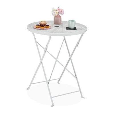 Abbildung von Relaxdays Balkontisch, Schirmloch, Terrazzo Muster, HxD: 71,5 x 60,5 cm, Stahl, klappbar, runder Gartentisch, weiß