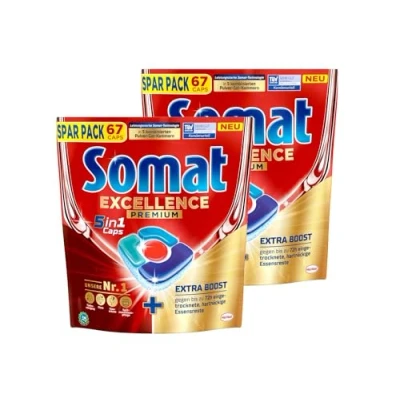 Abbildung von Somat Excellence Premium 5in1 Caps, 268 Caps (2x 134 Caps), schnellauflösende Spülmaschinentabs mit Extra Boost, entfernen selbst 72 h eingetrocknete, hartnäckige Essensreste