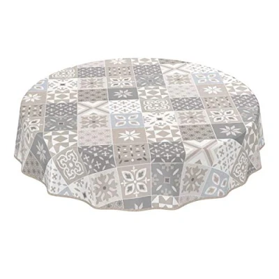 Abbildung von ANRO Tischdecke Wachstuch abwaschbar Wachstuchtischdecke Wachstischdecke Kacheloptik Fliese Beige Grau Blau Rund 140cm mit Saum Eingefasst