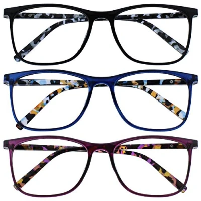 Abbildung von OPULIZE Arc Lesebrille 3er Pack Stilvolle Schlank Rechteckig Rahmen Gemusterte Bügel Federscharniere Kratzfest Schwarz Blau Lila Herren Damen RRR66 135 +2.50