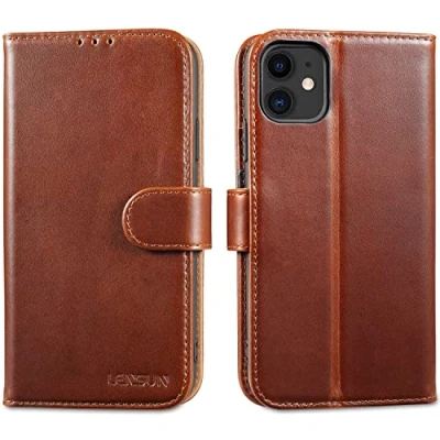 Abbildung von LENSUN Echtleder Hülle für iPhone 11, Handyhülle [Echtes Leder][Magnetverschluss][RFID Schutz] Handytasche Lederhülle Klappbar 11 6,1 Zoll Dunkelbraun