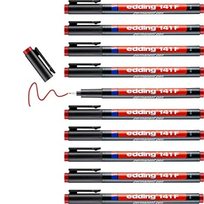 Abbildung von edding 141 F Permanenter Folienschreiber rot 10 Stifte Rundspitze 0,6 mm Stift zum Schreiben auf Glas, Kunststoff, Folien und glatten Oberflächen schnelltrocknend, wisch wasserfest