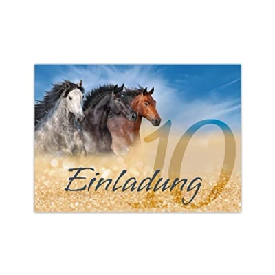 Abbildung von Junapack 12 Einladungskarten zum 10. Kindergeburtstag zehnte Geburtstag Mädchen drei Pferde