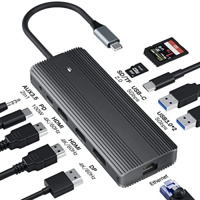 Abbildung von USB C Docking Station,11 in 1 Station Triple Display, Hub Dockingstation mit 2 * 4K HDMI+Displayport+2*USB3.0+USB Data Transfer+100W PD+Gigabit Ethernet+SD/TF +3.5mm Audio