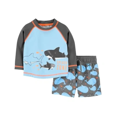 Abbildung von Simple Joys by Carter&#039;s Baby Jungen Swimsuit Trunk and Rashguard Rash Guard Set, Himmelblau Wale/Schwarz, 12 Monate