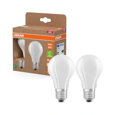 Abbildung von OSRAM LED Superstar Classic Lampe A 60 in klassischer Kolbenform aus gefrostetem Glas, 3.8 W, 806 lm, E27 Fassung, warmweißes Licht mit 2700 K, EEK A, mm Durchmesser. 2er Pack