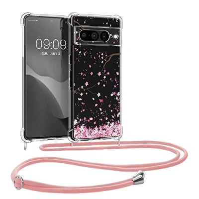 Abbildung von kwmobile Necklace Case kompatibel mit Google Pixel 7 Pro Hülle Silikon Cover Handykette Rosa Dunkelbraun Transparent Kirschblütenblätter