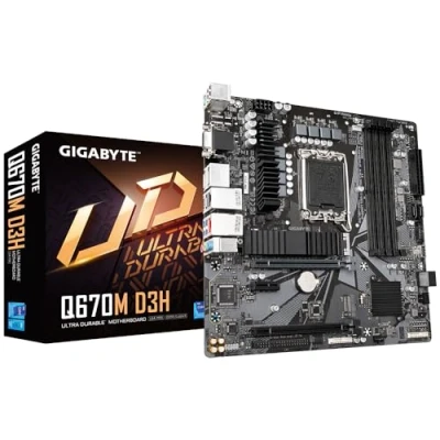 Abbildung von Gigabyte Q670M D3H Motherboard Unterstützt Intel Core 14th CPUs, 6+1+1 Phasen Hybrid Digital VRM, bis zu 5600MHz DDR (OC), 2xPCIe 4.0 M.2, 2.5GbE LAN, USB 3.2 Gen 2