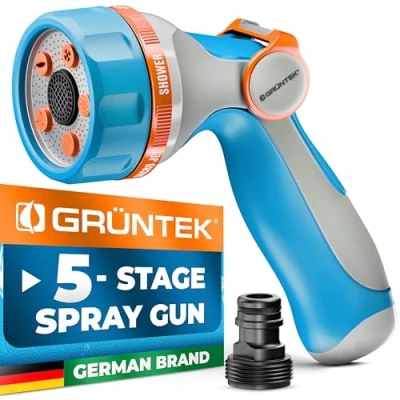 Abbildung von GRÜNTEK Ultraleichte Gartenschlauch Sprühpistole mit 5 Strahlarten Multi Garten Duschdüse ergonomischem Griff und komfortabler Daumensteuerung, EU Schnellanschluss Adapter US Gewinde