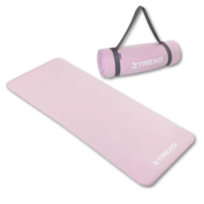 Abbildung von TREXO NBR Übungsmatte in Hellrosa 183 x 61 cm Material von außergewöhnlicher Haltbarkeit und Flexibilität 15 mm Dicke mit rutschfester Textur Komplett Trageriemen Ideal für das Fitnesstraining
