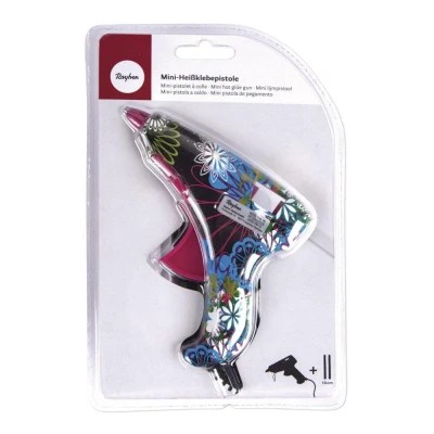 Abbildung von Rayher 30216000 Mini Heißklebepistole, 12 x cm, Kunststoff, cooles Design Dschungel, herausklappbarer Standfuß, inklusiv 2 Klebesticks
