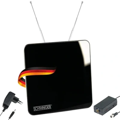 Abbildung von SCHWAIGER 720372 DVB T2 Zimmerantenne aktiv mit Verstärker DAB+ T Antenne Fernsehen LTE Sperrfilter Empfang Digitales Teleskopstäbe Standfuß schwarz
