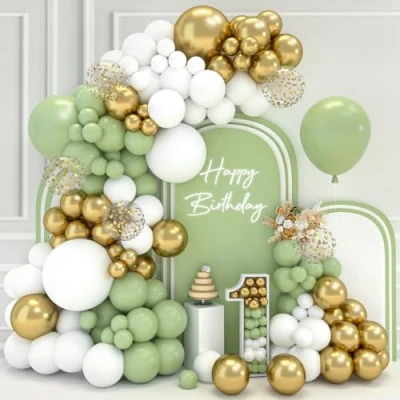 Abbildung von Luftballon Girlande Grün 102 Stück Ballon mit Luftballons Grün, Gold, Weiß, Geburtstag Salbeigrün für Taufe Deko, Kommunion, Baby Shower, Geburtstagsdeko
