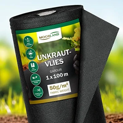 Abbildung von Moorland Unkrautvlies für Garten 100m² Gartenvlies Wasserdurchlässig 1m breit Gardur Unterbodengewebe Unkrautflies UV Beständig Reißfest Folie gegen Unkrautgewebe Unkrautfolie Mulchfolie Schwarz