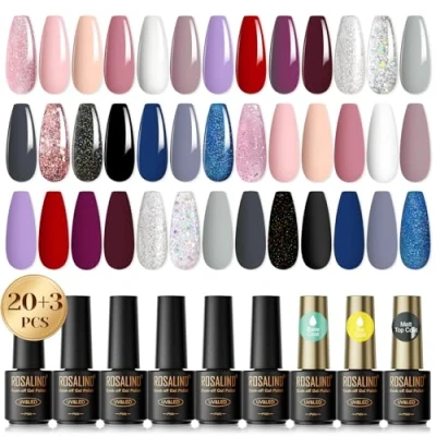 Abbildung von ROSALIND UV Nagellack Set,23 Stück Mini Farbgel für Gelnägel Nackt Rosa Silber Schwarz Glitzer Shellac Gel Set, Soak Off Natur Gellack Anfänger Nail Art Maniküre Salon