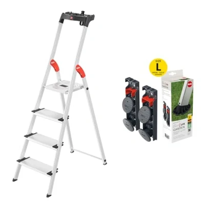 Abbildung von Hailo Stehleiter L80 ComfortLine im Set mit EasyClix Garden Size L klappbare Aluleiter 4 XXL Sicherheits Stufen belastbar bis 150 kg Wechselfuß für stabilen Stand auf weichem Untergrund