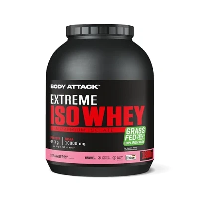 Abbildung von Body Attack Extreme Iso Whey, Strawberry, 1,8 kg Whey Protein Pulver zum Muskelaufbau aus 100% irischer Weidemilch, fettarmes Eiweißpulver ohne Aspartam