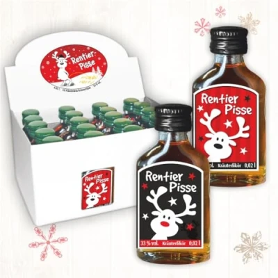 Abbildung von 20er Box Kräuterlikör Display Rentierpisse zu Weihnachten 20 St kleine Schnäpse Spirituosen 2 cl 33% vol. alk. Geschenke für Männer Scherzartikel Erwachsene