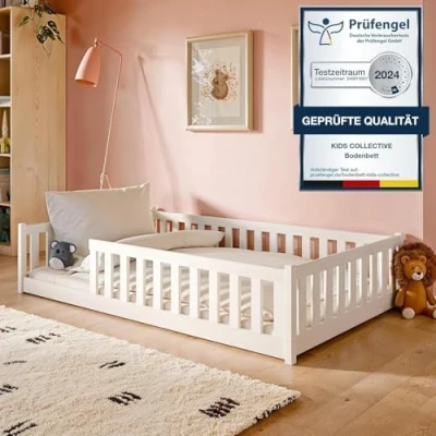Abbildung von Kids Collective Kinderbett Bodenbett Bett mit Rausfallschutz &amp; Lattenrost Montessori Kinder (Jungen, Mädchen, Kinder, weitere Größen 80x160, 90x200, 140x200 cm), Gitterbett Jugendbett weiß Matratze Junge Mädchen 120x200cm